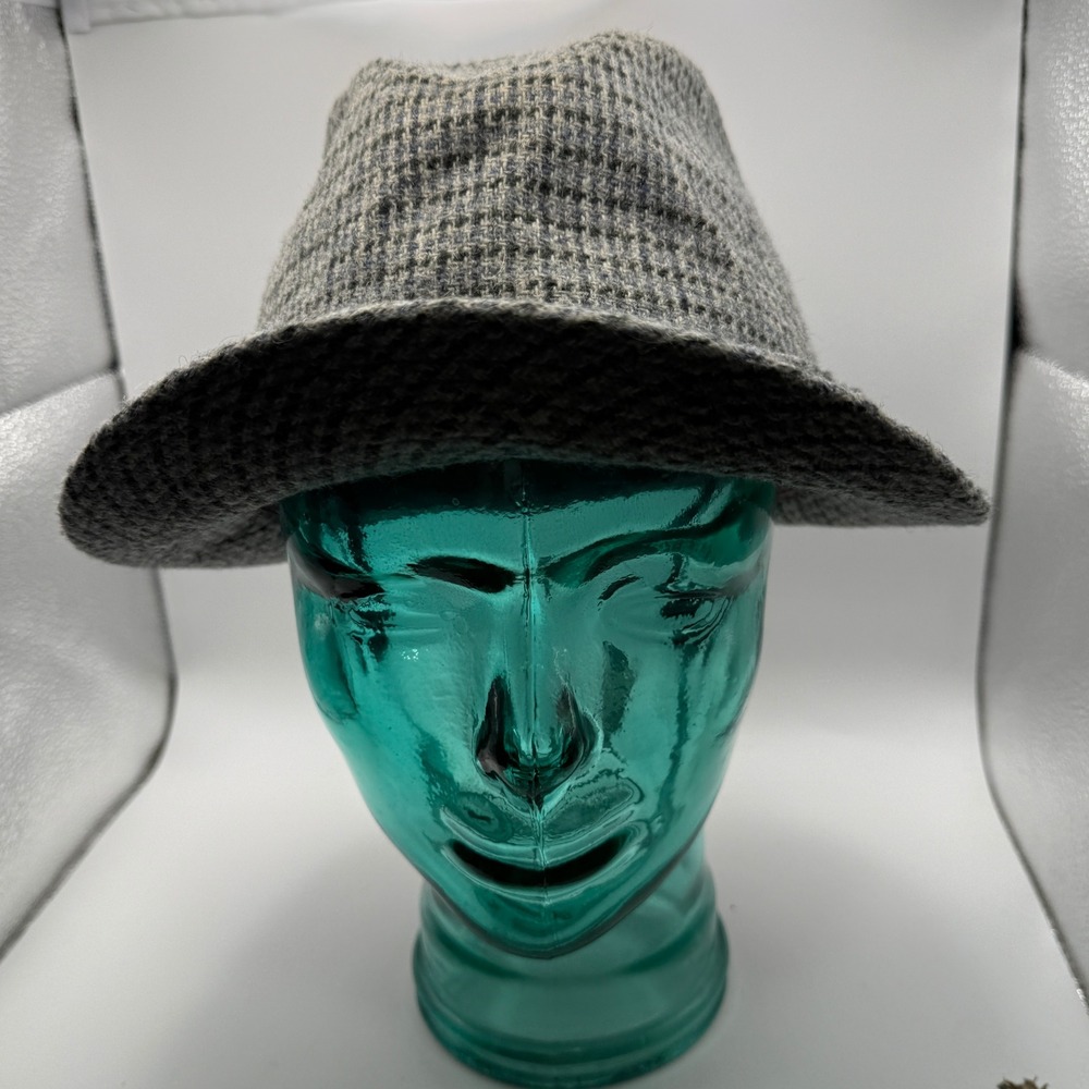 Arlin Mens Grey Blue Houndstooth Wool Blend Fedora Hat Size L 7 1/4 - 7 3/8